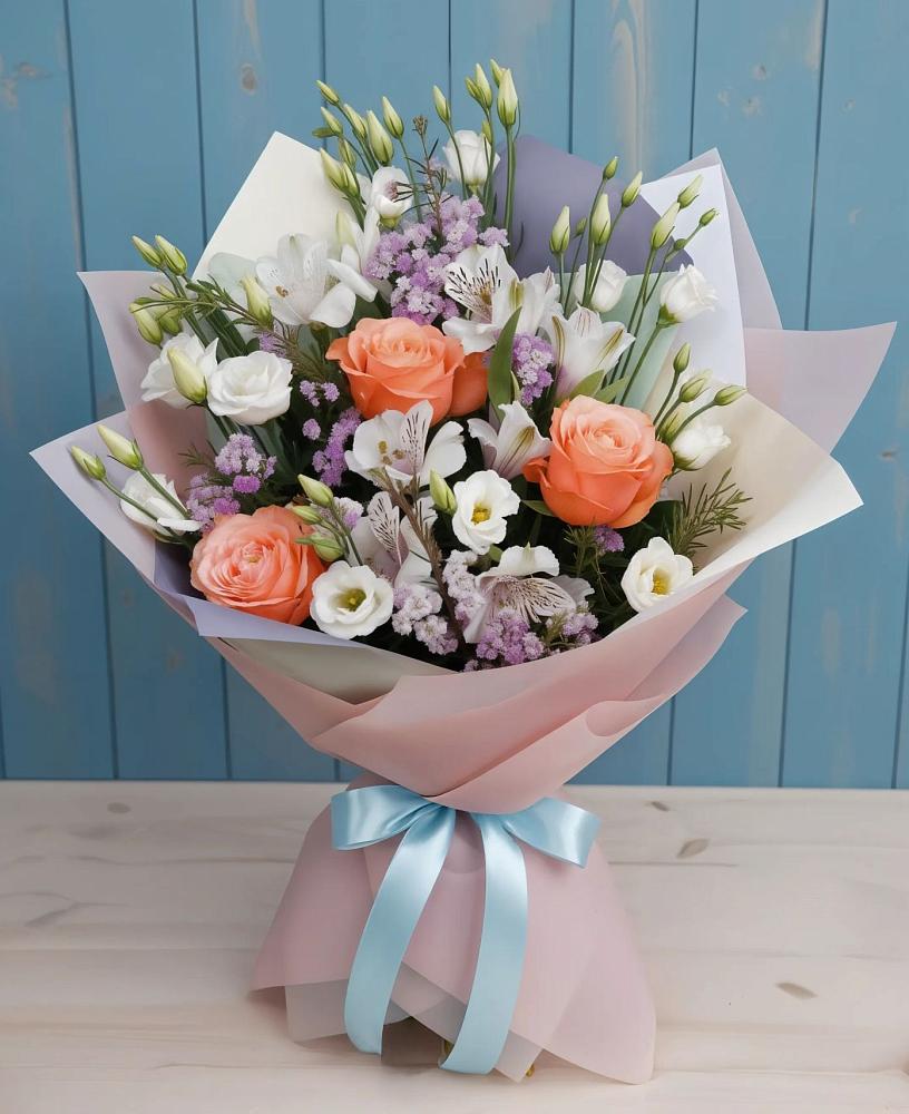 Букет цветов из: Лизиантусы, Розы, Альстромерии и Гипсофила в Яреге